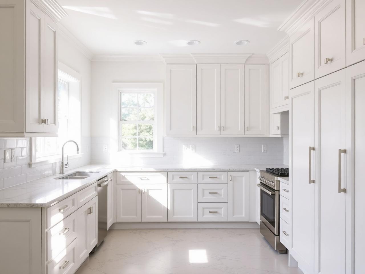 Refinished white kitchen cabinets